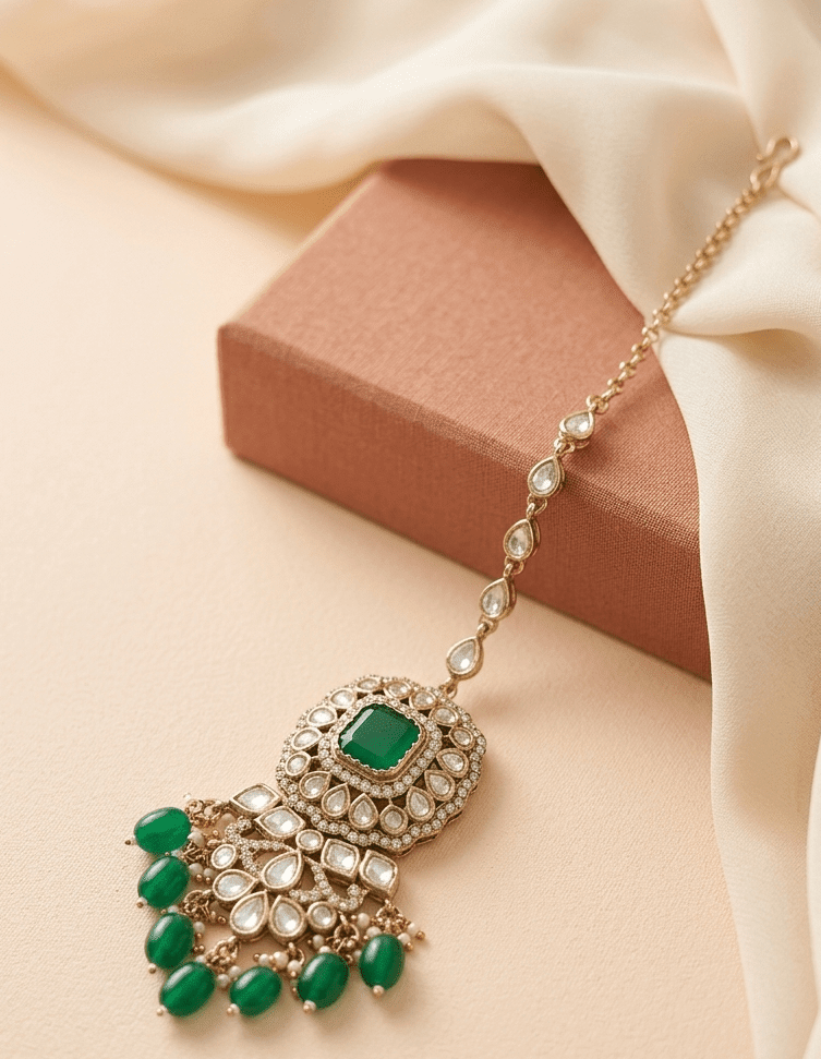 Green Kundan Maang Tikka With Green Bead Hanging | Mehendi Finish