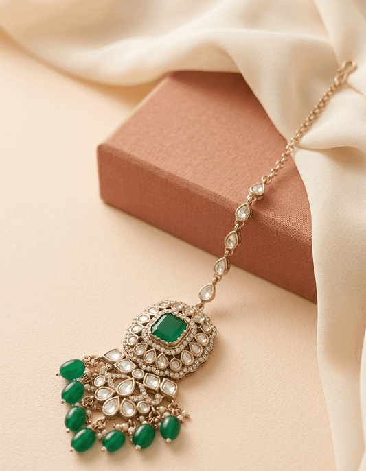 Green Kundan Maang Tikka With Green Bead Hanging | Mehendi Finish