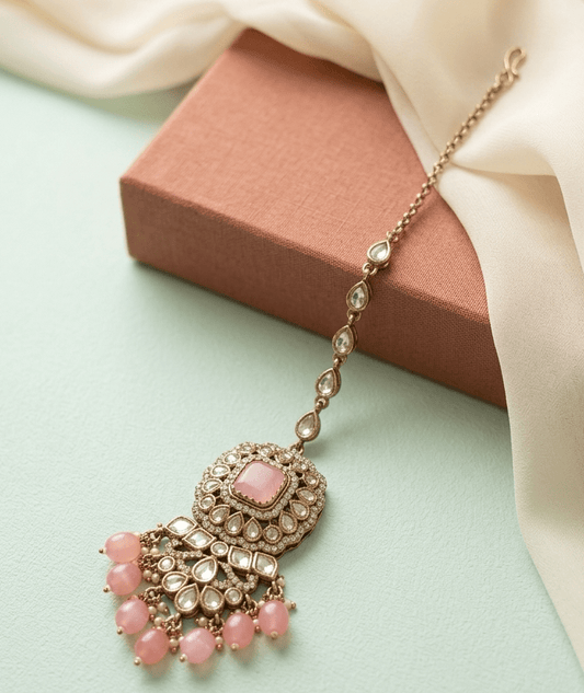 Pink Kundan Maang Tikka With Pink Bead Hanging Mehendi Finish