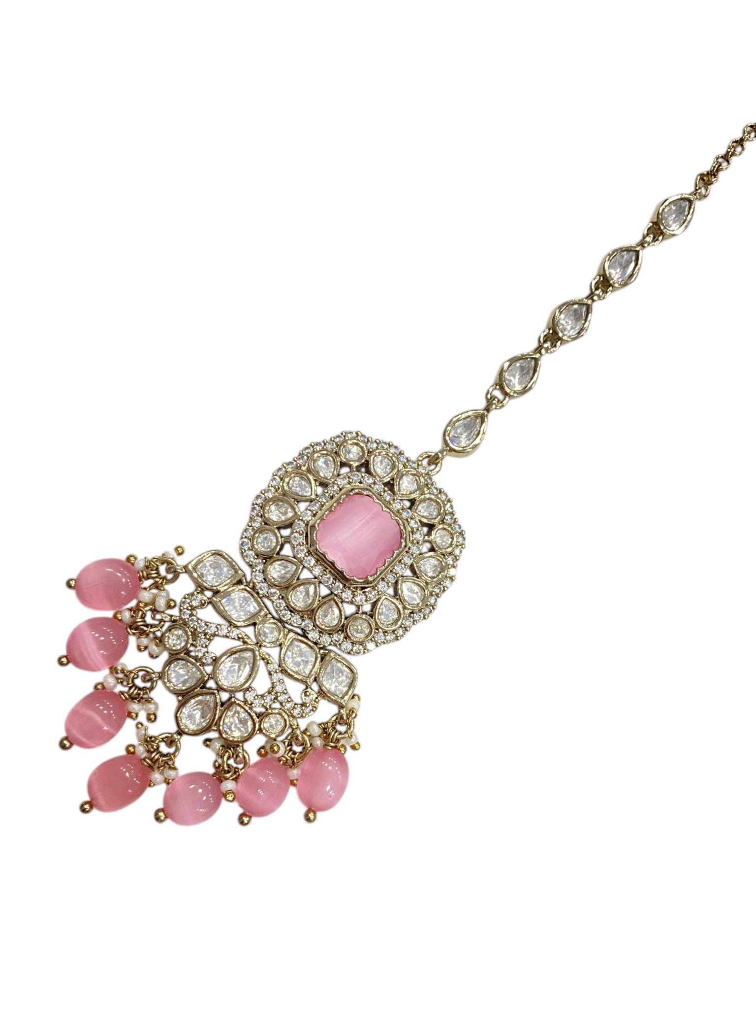 Pink Kundan Maang Tikka With Pink Bead Hanging Mehendi Finish