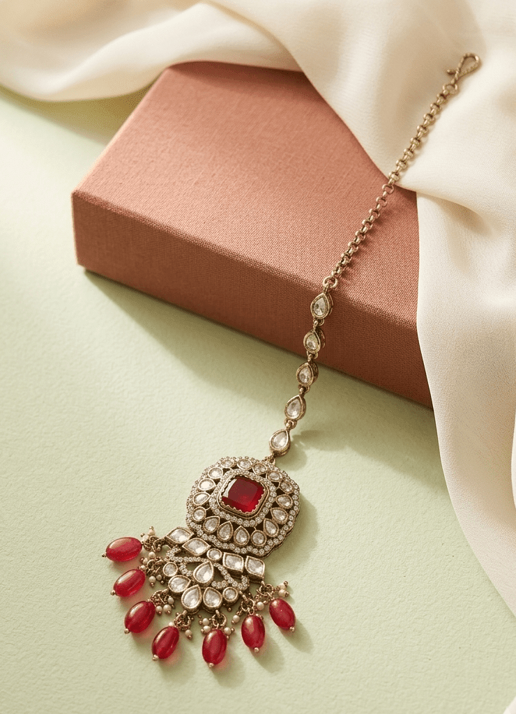 Ruby Kundan Maang Tikka With Ruby Bead Hanging | Mehendi Finish