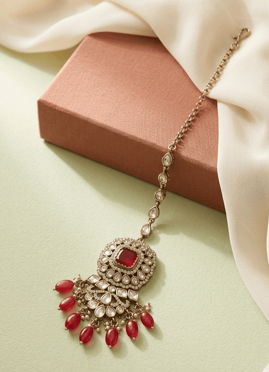 Ruby Kundan Maang Tikka With Ruby Bead Hanging | Mehendi Finish