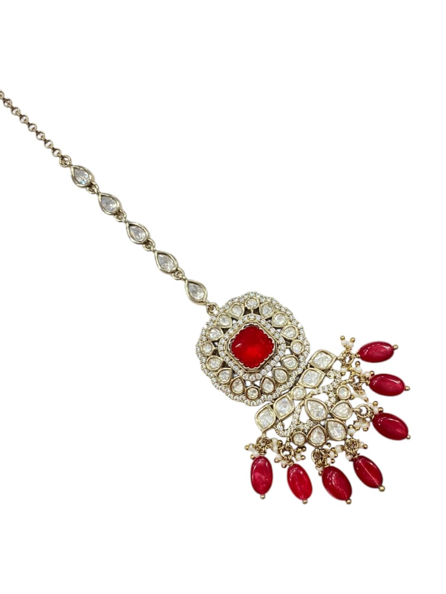 Ruby Kundan Maang Tikka With Ruby Bead Hanging | Mehendi Finish - detail