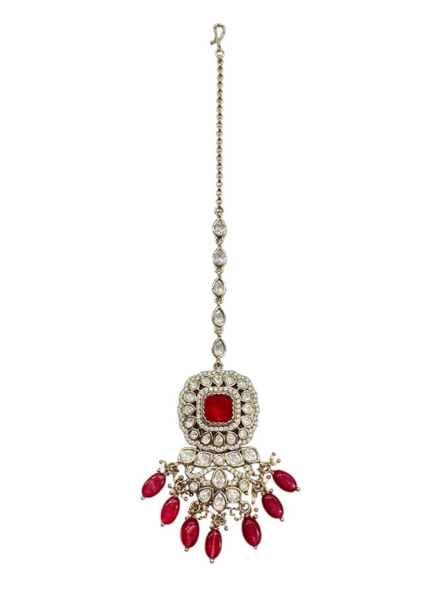 Ruby Kundan Maang Tikka With Ruby Bead Hanging | Mehendi Finish - detail