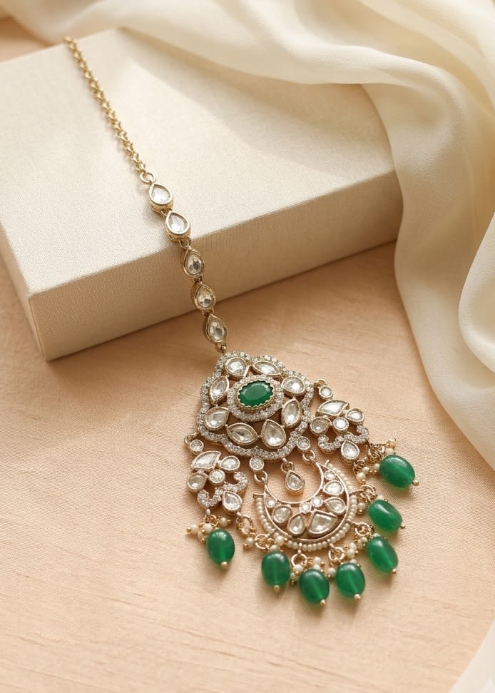 Green Stone Bridal Maang Tikka | Mehendi Finish