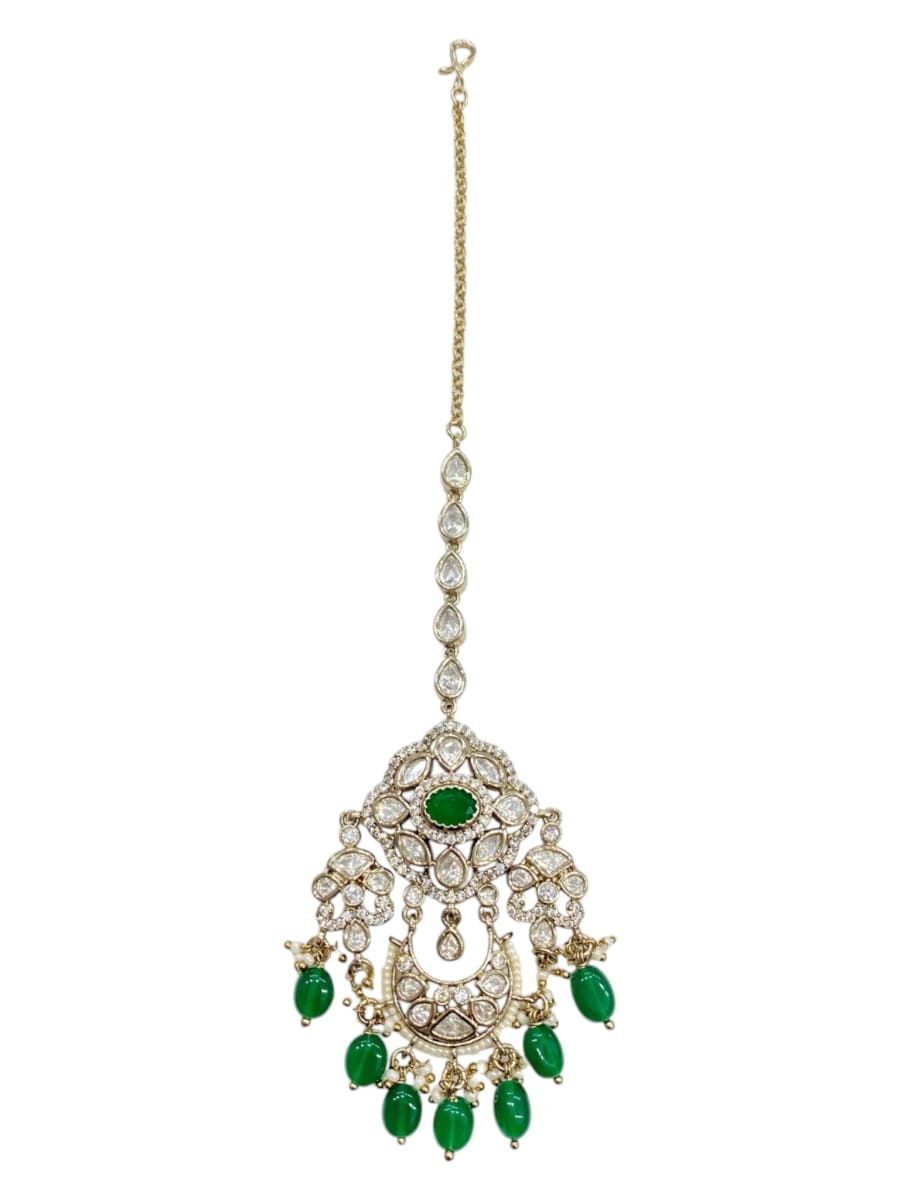 Green Stone Bridal Maang Tikka | Mehendi Finish - detail