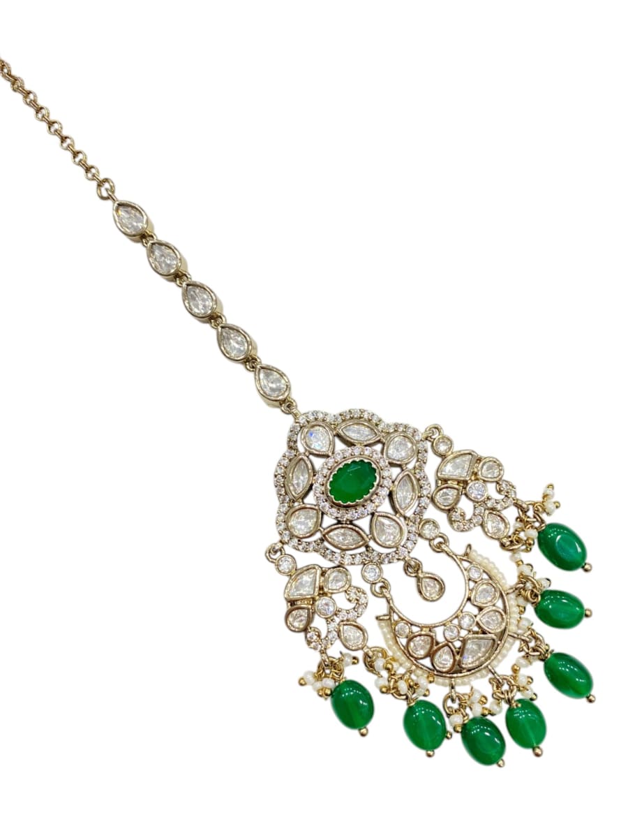 Green Stone Bridal Maang Tikka | Mehendi Finish - detail