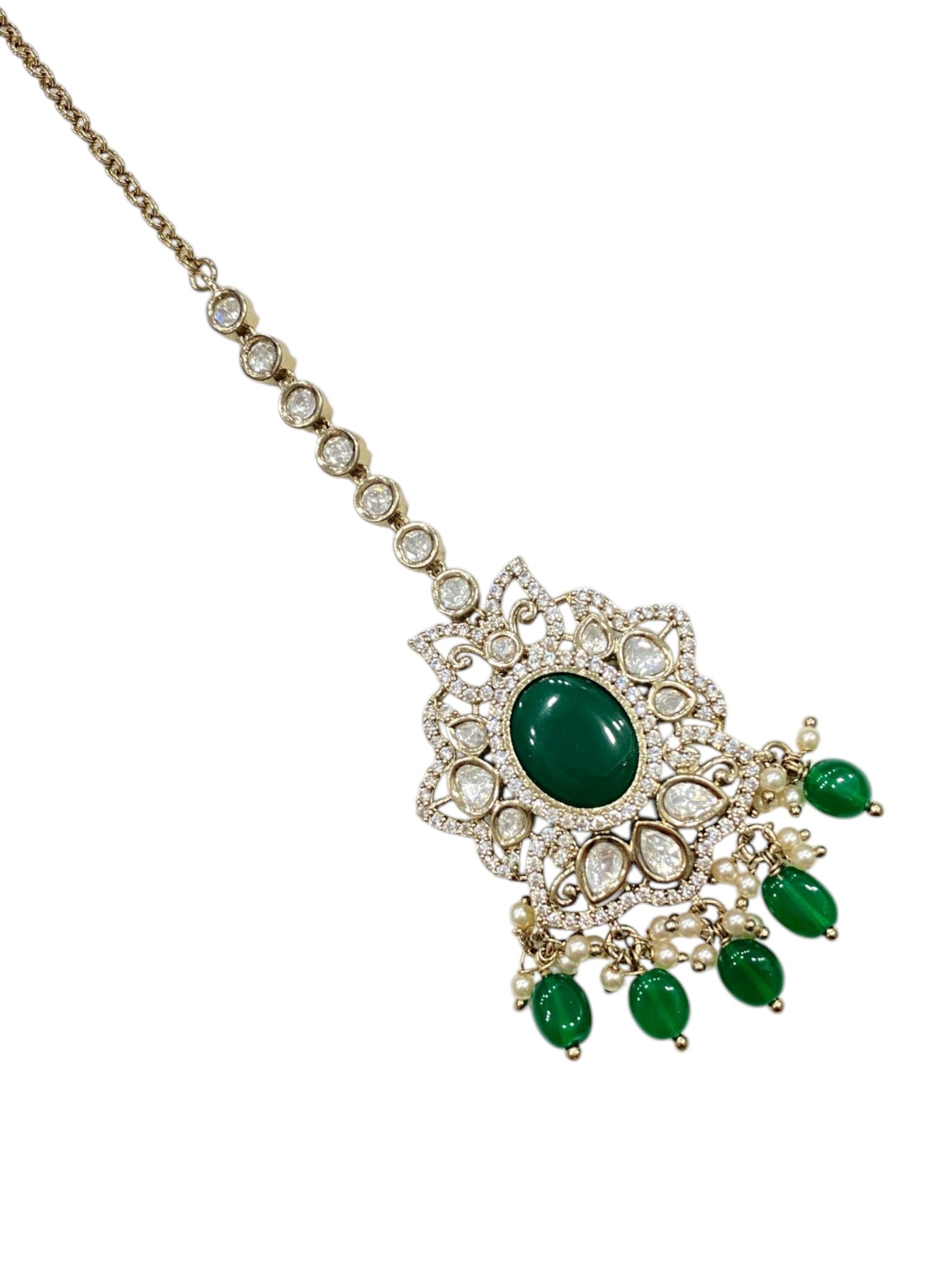 Sparkling Green Maangtikka For Bridemaids Mehendi Finish