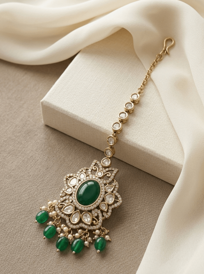 Sparkling Green Maangtikka For Bridemaids Mehendi Finish