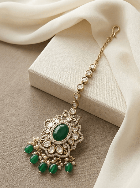 Sparkling Green Maangtikka For Bridemaids Mehendi Finish
