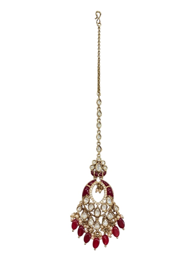 Designer Ruby Epoxy Kundan Maang Tikka - Antique Finish - detail
