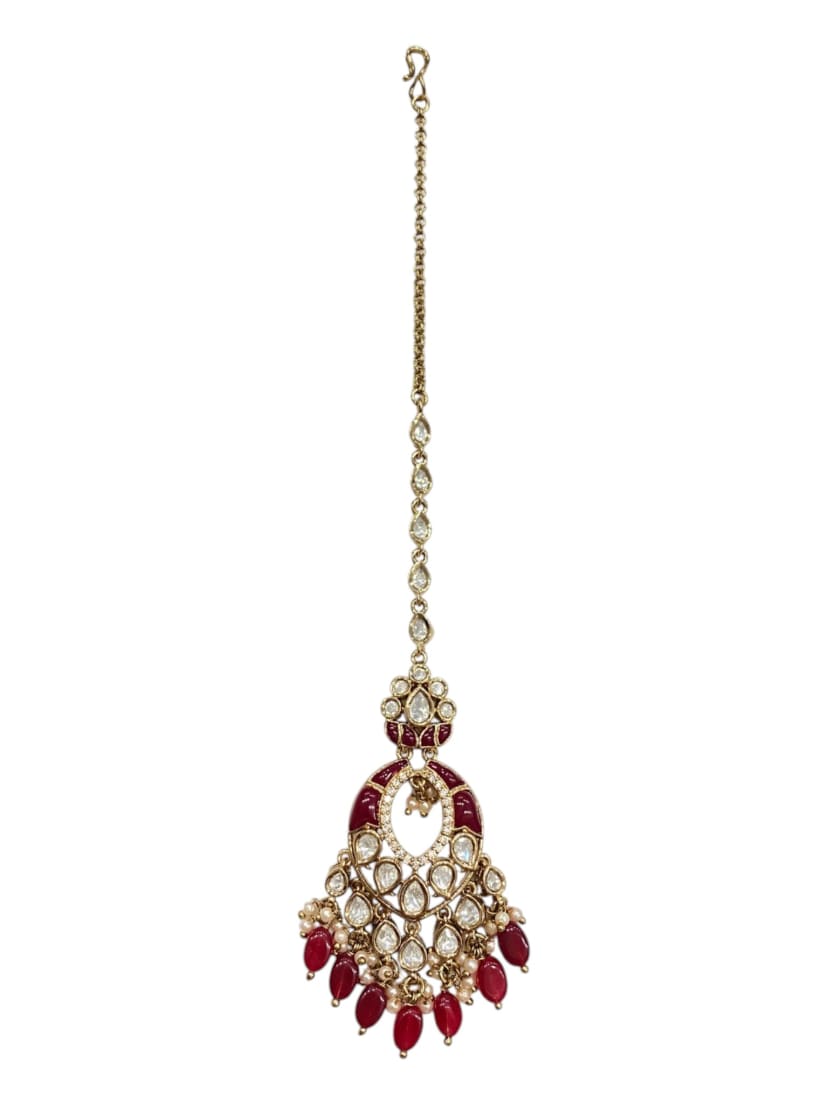 Designer Ruby Epoxy Kundan Maang Tikka - Antique Finish - detail