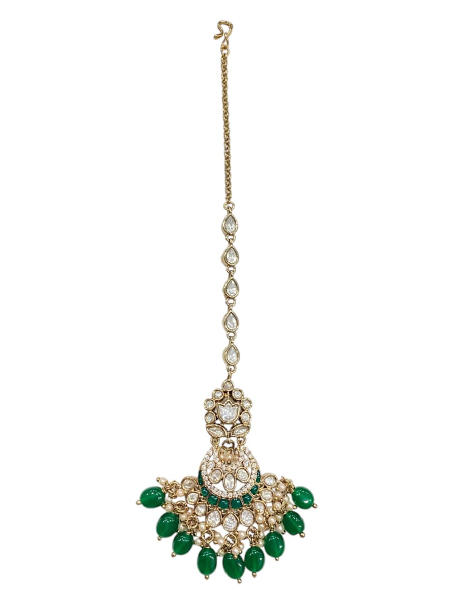 Green Dewdrop Maang Tikka | Antique Finish - detail