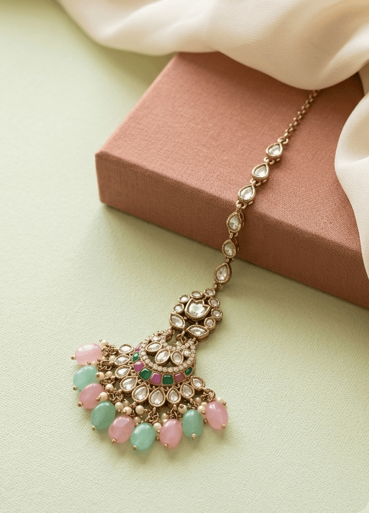 Multi Colour Dewdrop Maang Tikka | Antique Finish