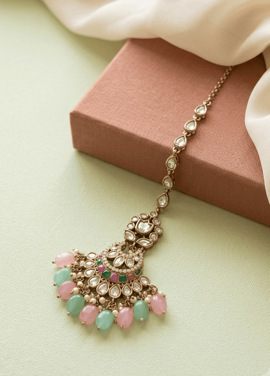 Multi Colour Dewdrop Maang Tikka | Antique Finish