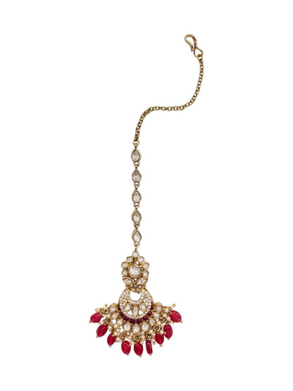 Ruby Dewdrop Maang Tikka | Antique Finish - Ruby Polki Kundan by Sirini Jewellery, Festive wear - detail