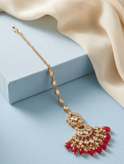 Ruby Dewdrop Maang Tikka | Antique Finish - Ruby Polki Kundan by Sirini Jewellery, Festive wear