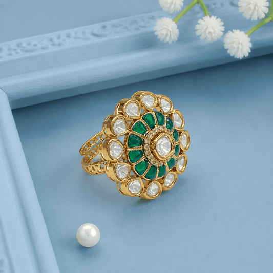 Green Floral Aura Kundan Ring From Sirini Jewellery