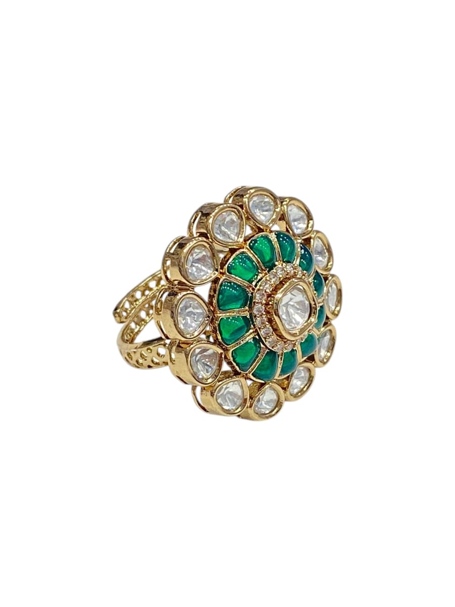 Green Floral Aura Kundan Ring From Sirini Jewellery - detail