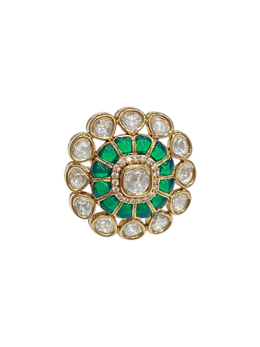 Green Floral Aura Kundan Ring From Sirini Jewellery - detail