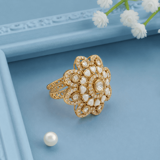 Ivory Blossom Kundan Ring | Antique Gold Finish