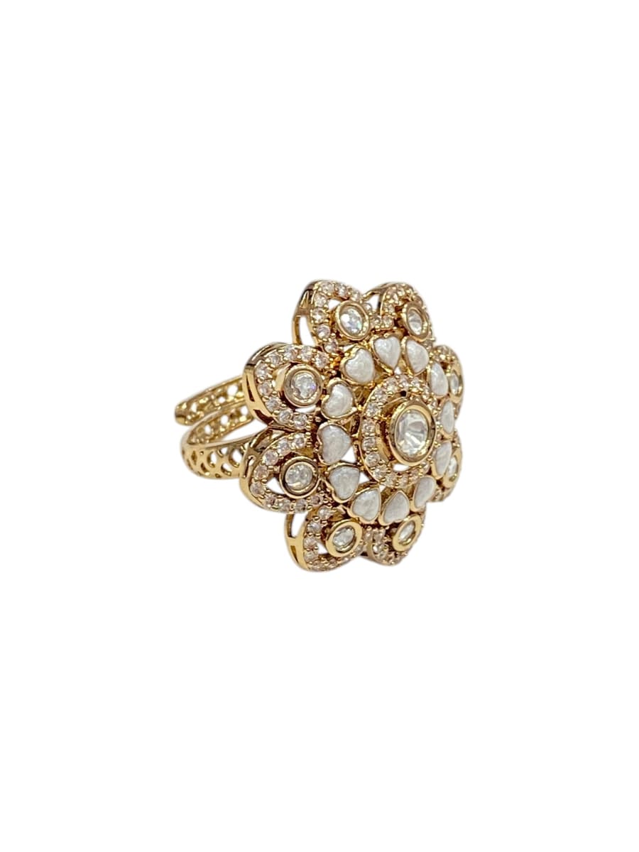 Ivory Blossom Kundan Ring | Antique Gold Finish - detail
