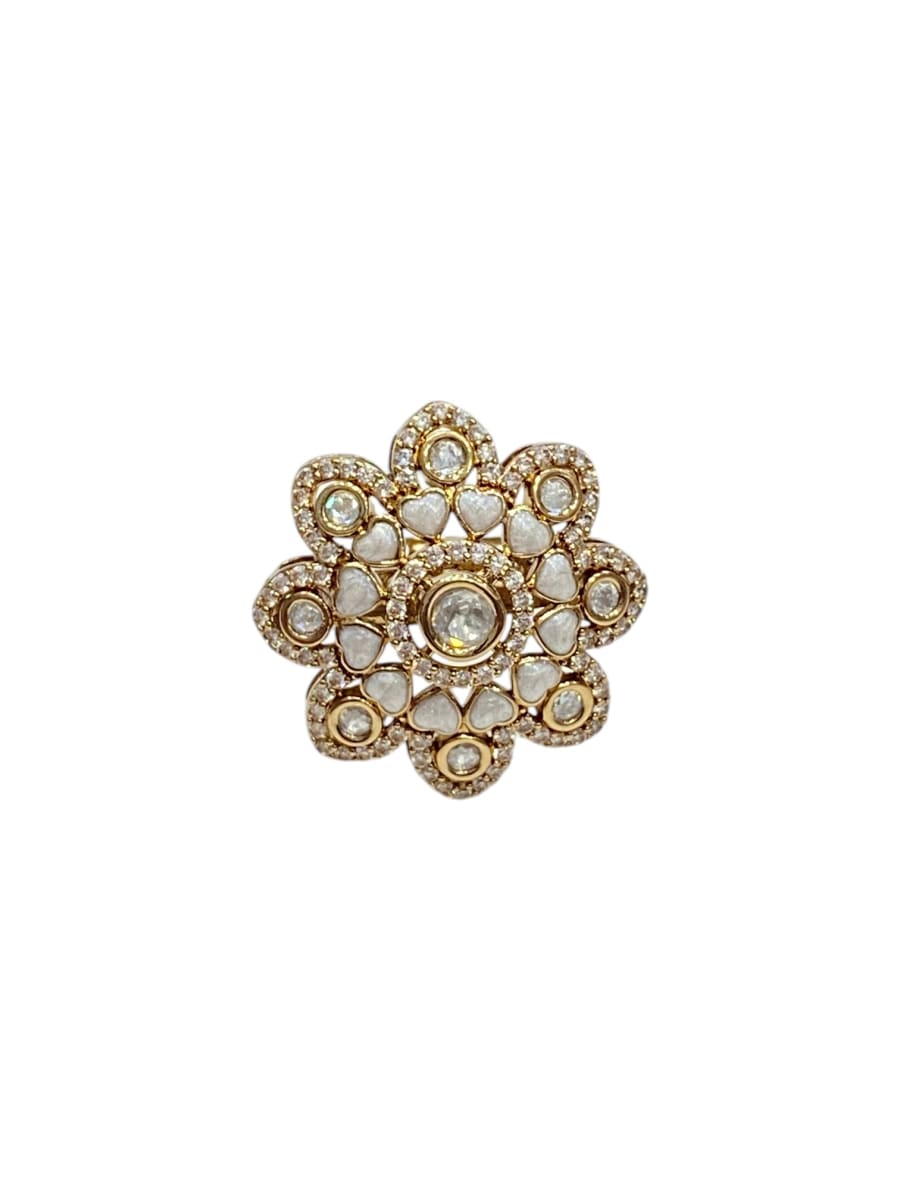 Ivory Blossom Kundan Ring | Antique Gold Finish - detail