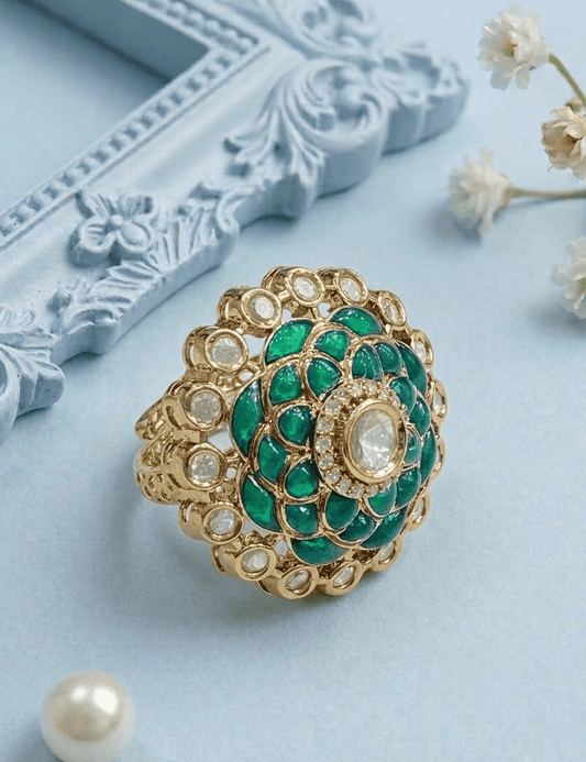 Green Layered Floral Grace Kundan Rings