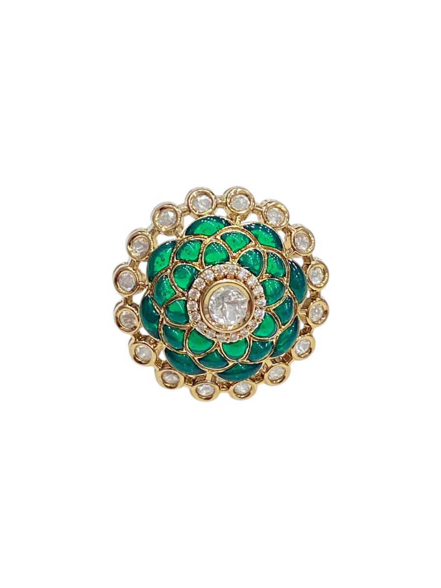 Green Layered Floral Grace Kundan Rings - detail