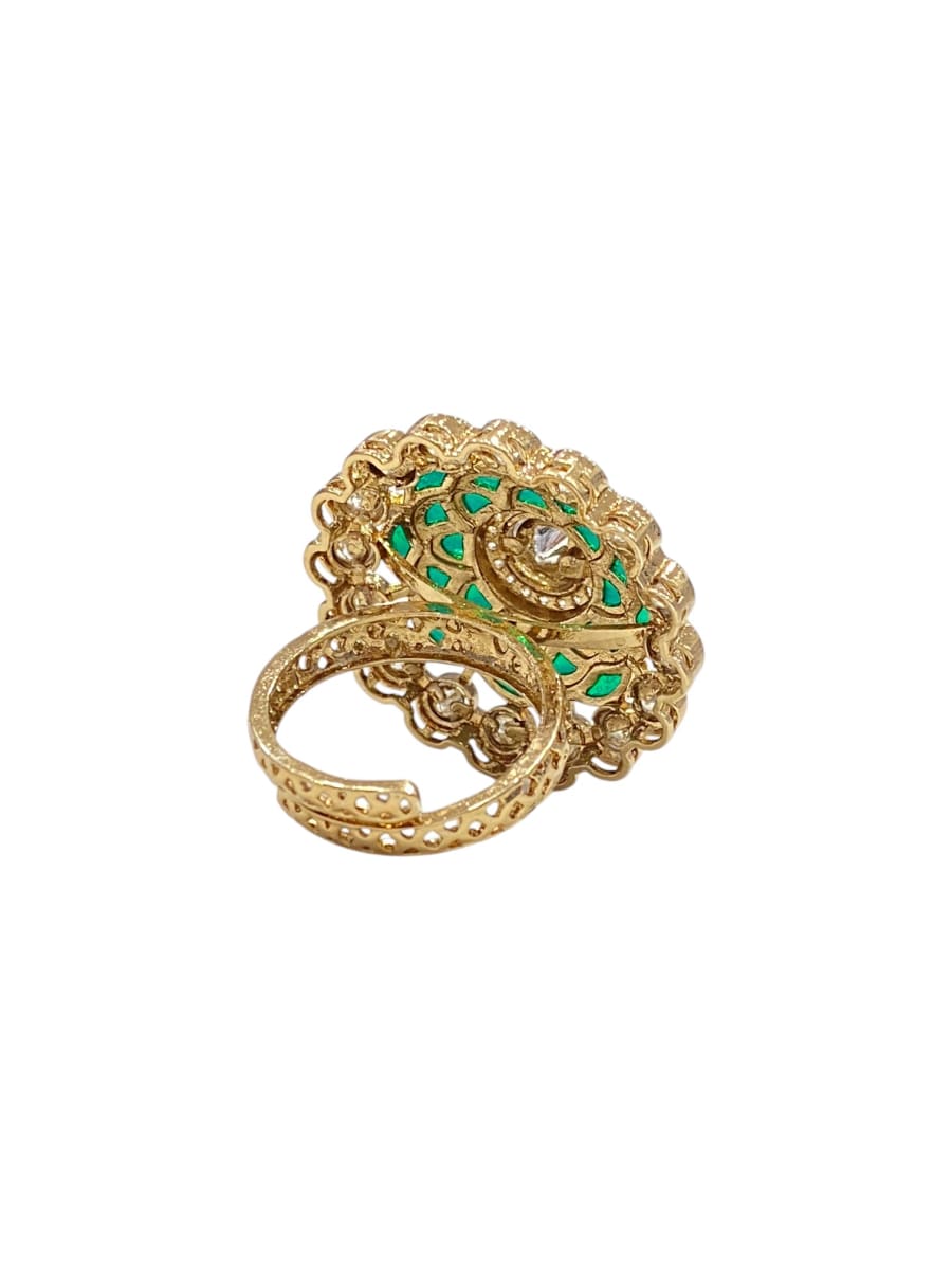 Green Layered Floral Grace Kundan Rings - detail