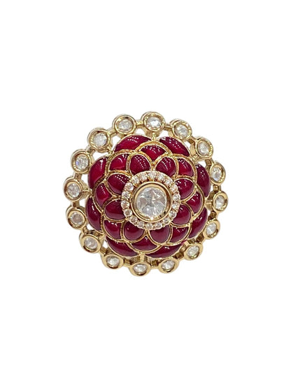 Ruby Layered Floral Grace Kundan Rings - Ruby Polki Kundan Finger Rings by Sirini Jewellery, Bridal wear - detail
