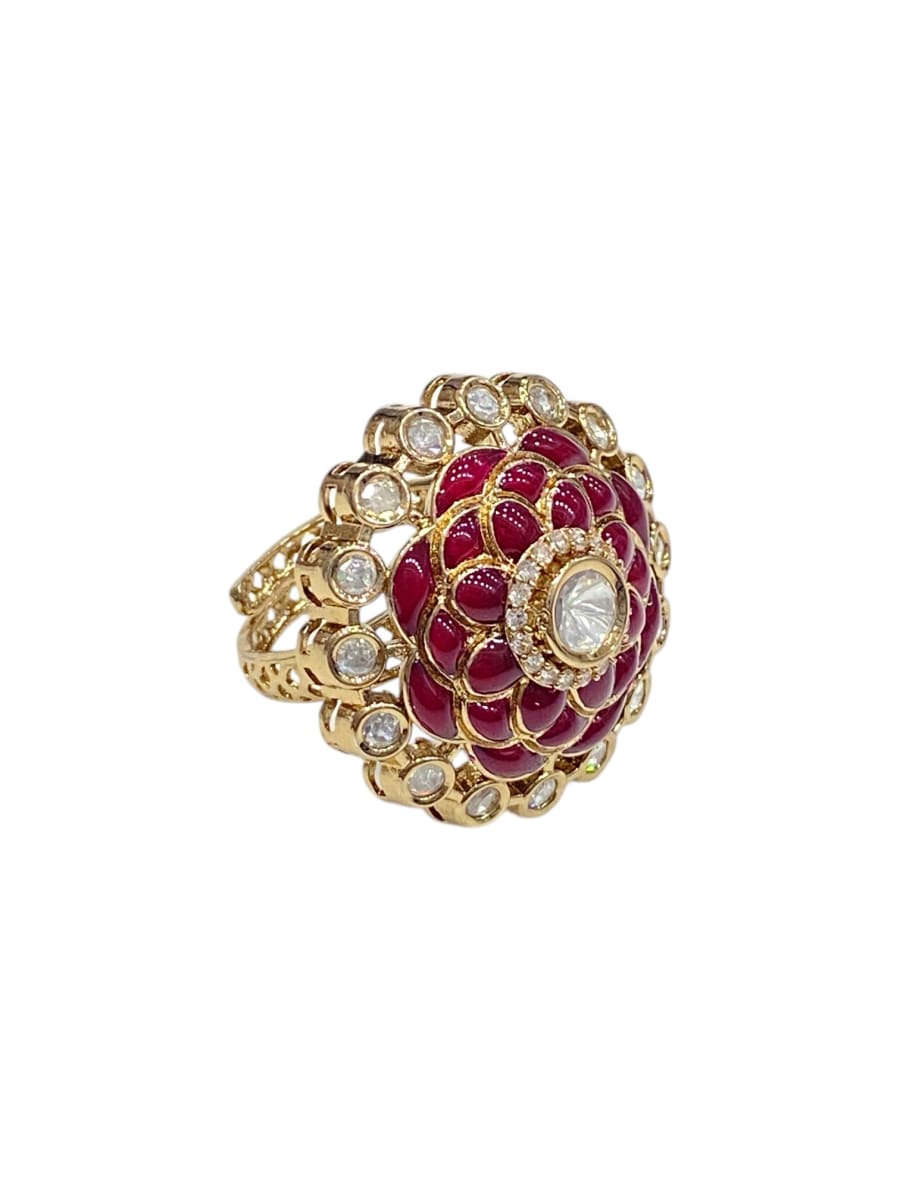 Ruby Layered Floral Grace Kundan Rings - detail
