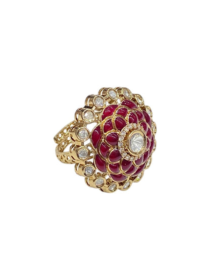 Ruby Layered Floral Grace Kundan Rings - Ruby Polki Kundan Finger Rings by Sirini Jewellery, Bridal wear - detail