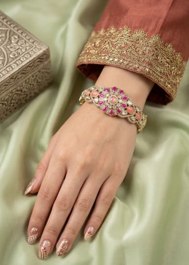 Deep Ruby With Pink Doublet Stone Floral Kada - Mehendi Polish