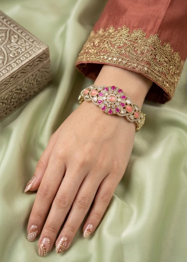 Deep Ruby With Pink Doublet Stone Floral Kada - Mehendi Polish - detail
