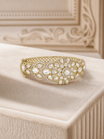 White Stone Floral Kada - White Polki Kundan Bracelets by Sirini Jewellery, Bridal wear - detail