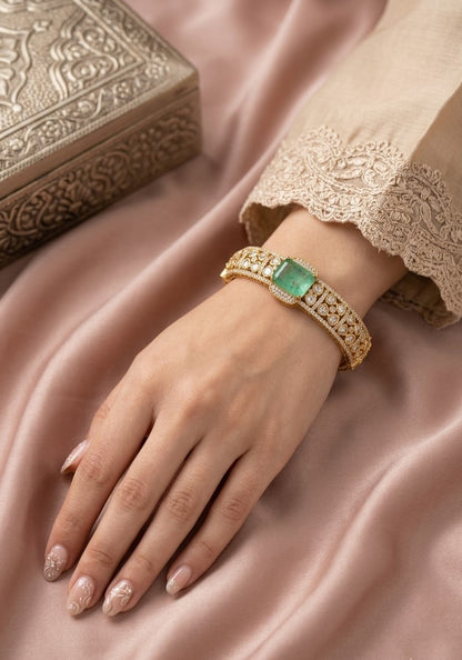 Elegant Mint Emerald Kundan Kada - Antique Finish - Mint Polki Kundan Bracelets by Sirini Jewellery, Bridal wear