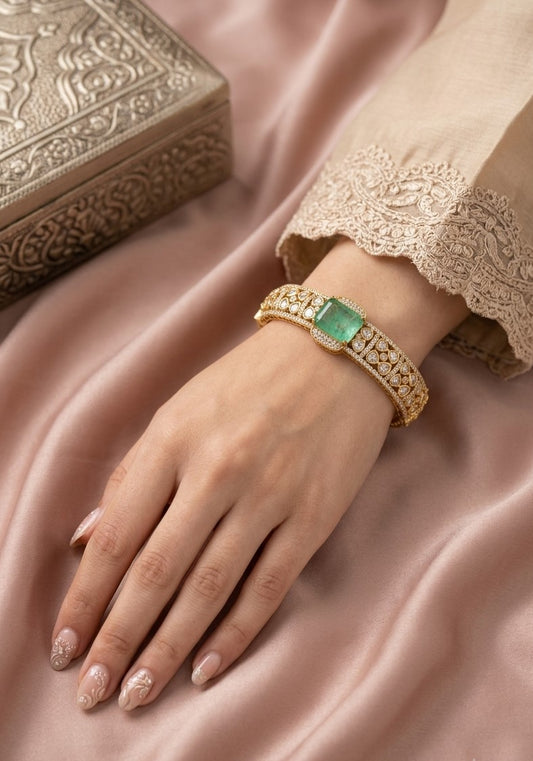 Elegant Mint Emerald Kundan Kada - Antique Finish