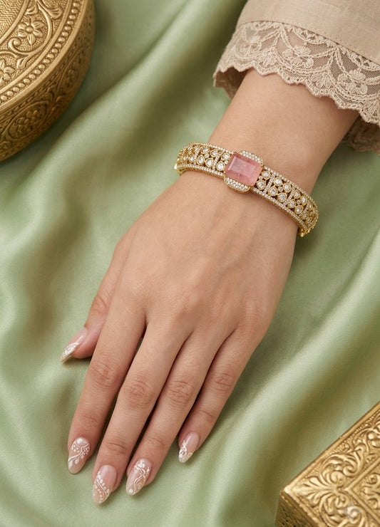 Elegant Pink Shine Kundan Kada - Mehendi Finish