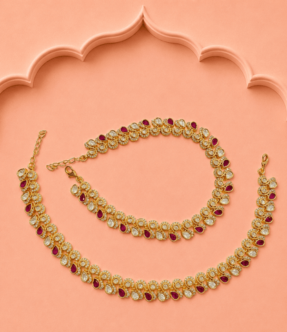 Anklet pair with a repeated peacock motif, ruby Kundan and a fine bell fringe, by Sirini Jewellery, view 2 of 4