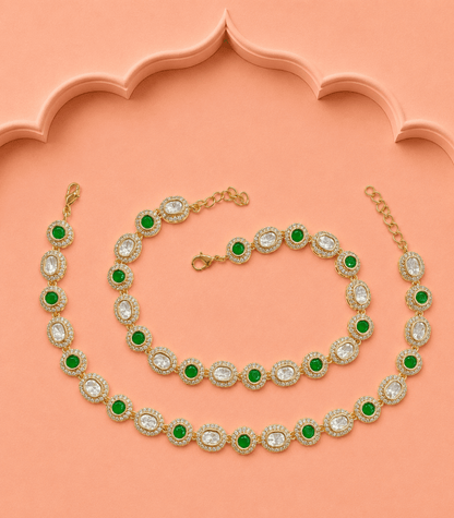 Traditional Emerald Kundan Payal - Green Emerald Anklets by Sirini Jewellery, Bridal wear - detail