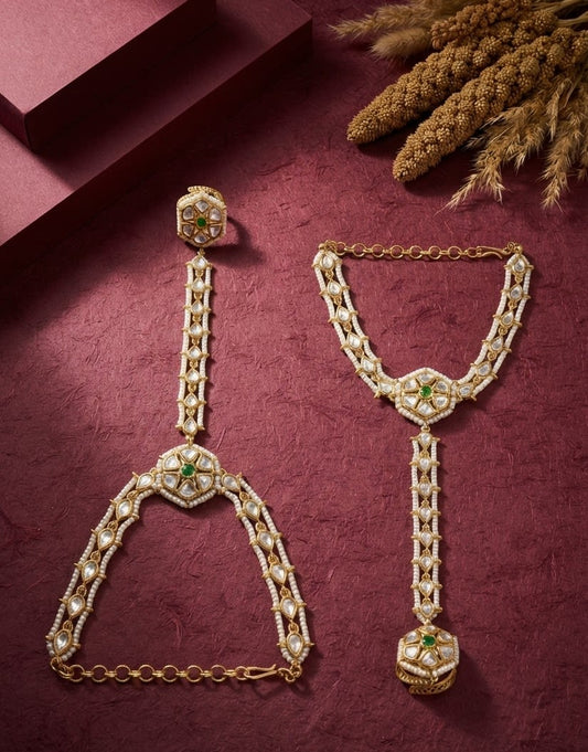 Sirini Regal Green Kundan Pearl Haathphool Antique Gold Finish