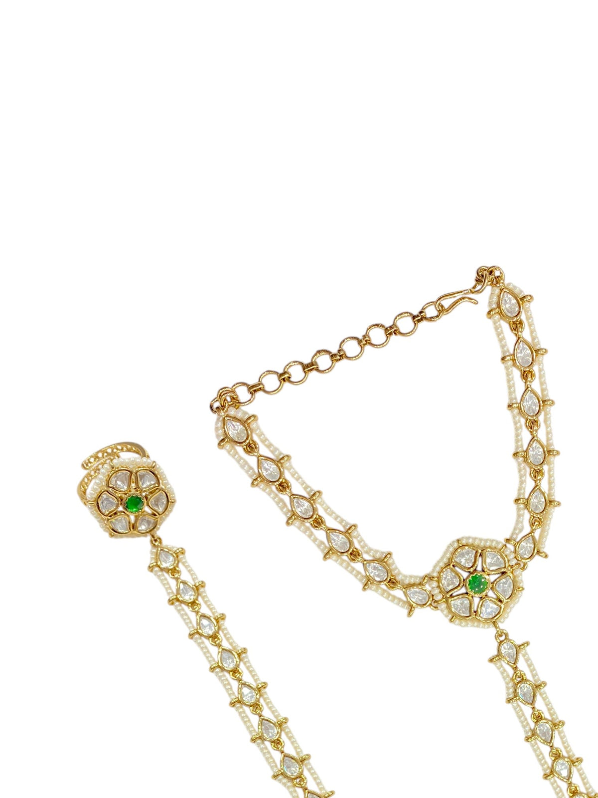 Sirini Regal Green Kundan Pearl Haathphool Antique Gold Finish
