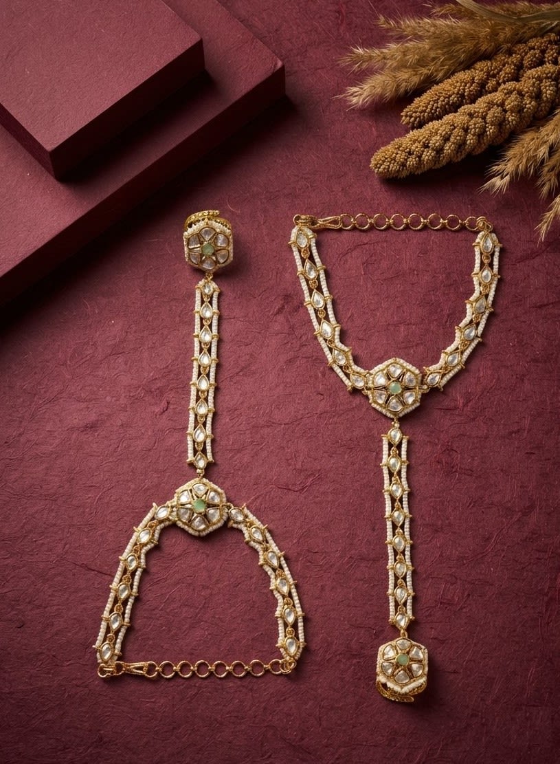 Sirini Regal Mint Kundan Pearl Haathphool Antique Gold Finish