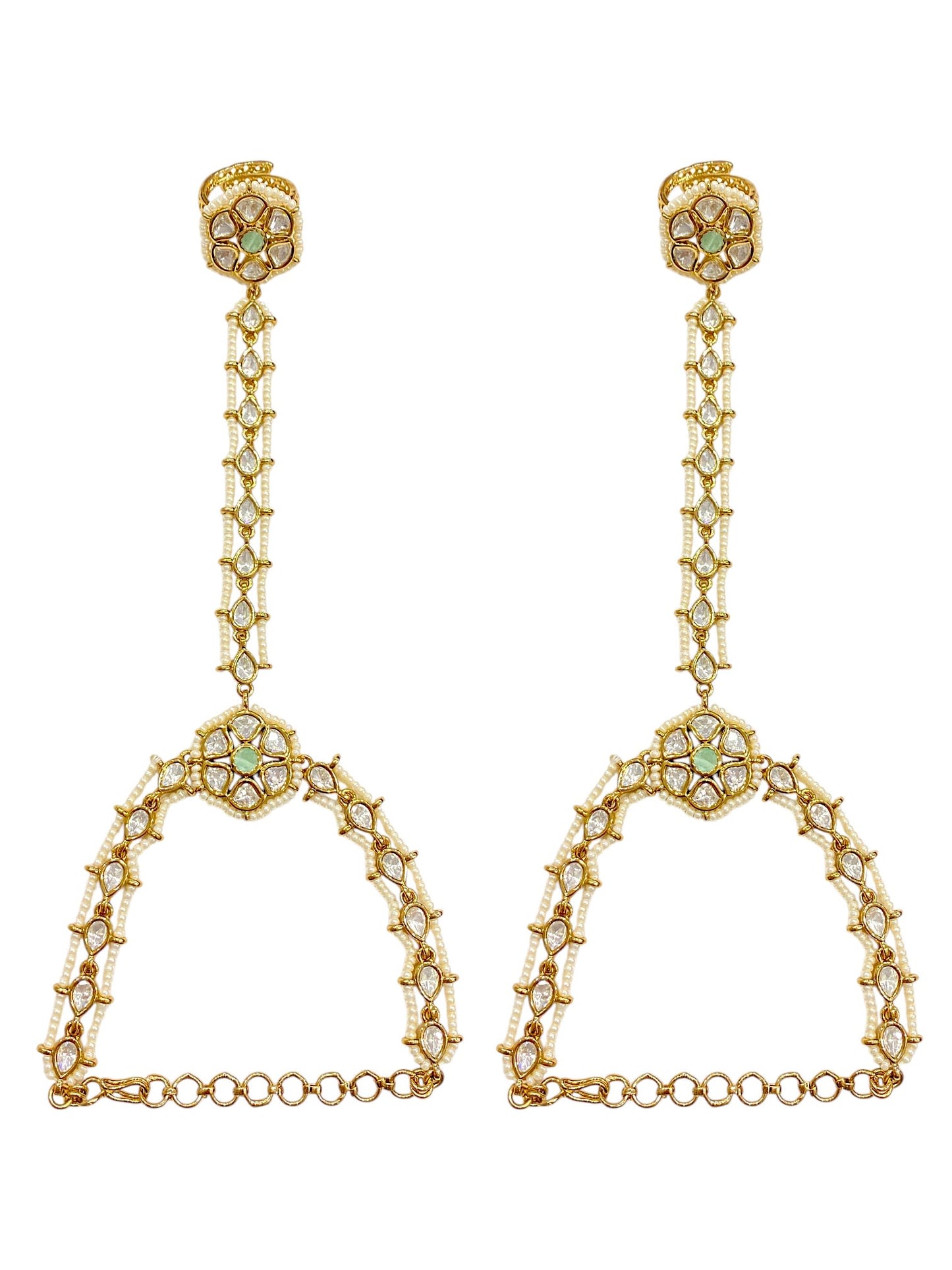 Sirini Regal Mint Kundan Pearl Haathphool Antique Gold Finish