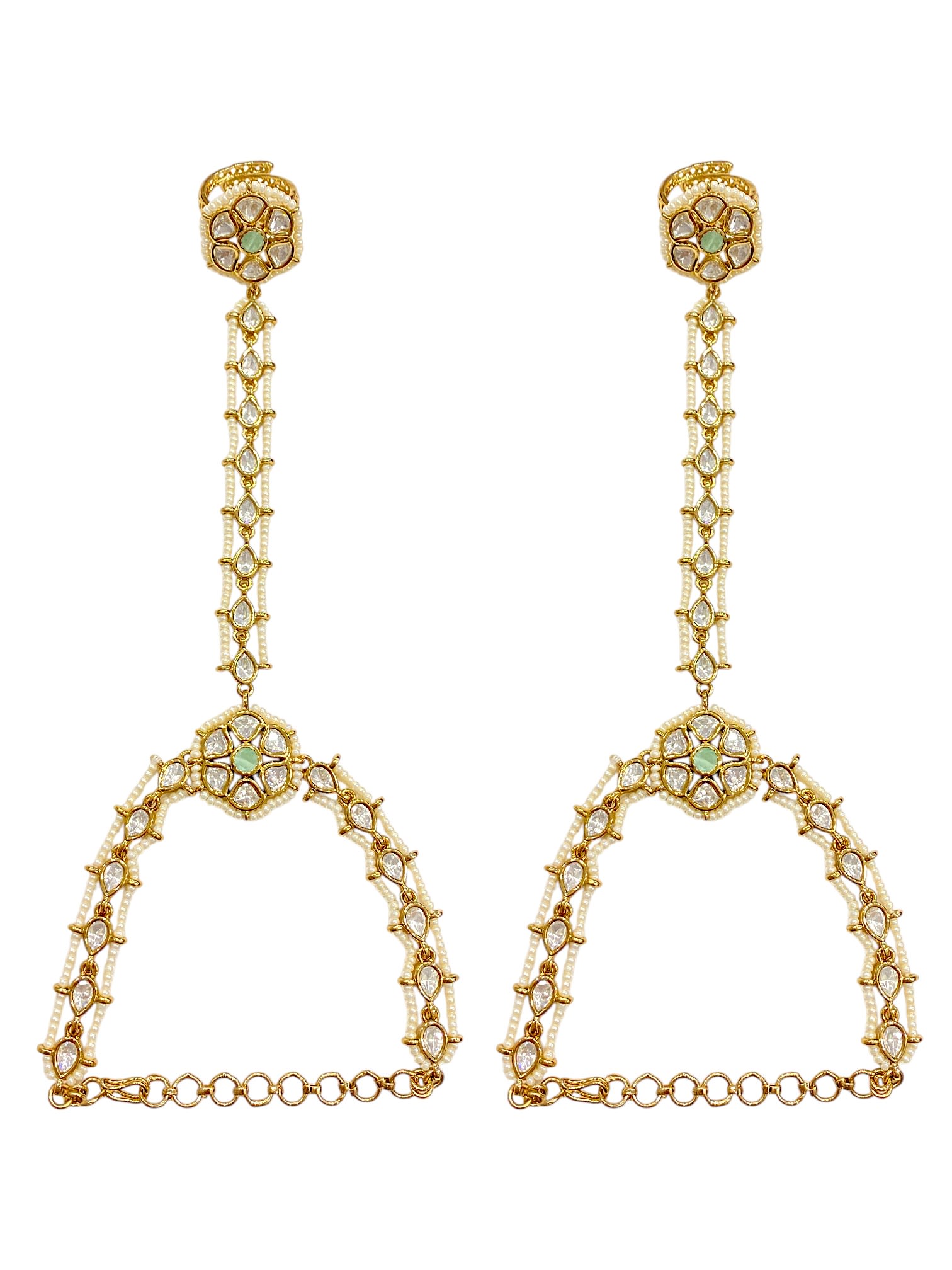 Sirini Regal Mint Kundan Pearl Haathphool Antique Gold Finish