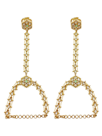 Mint Kundan haathphool with faux pearl chains in antique gold finish, view 2 of 2