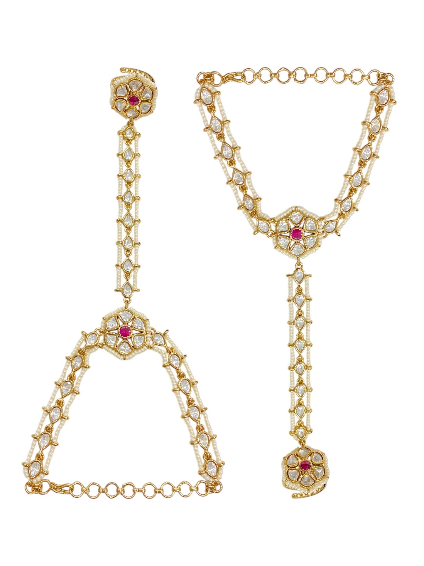 Sirini Regal Ruby Kundan Pearl Haathphool | Antique Gold Finish