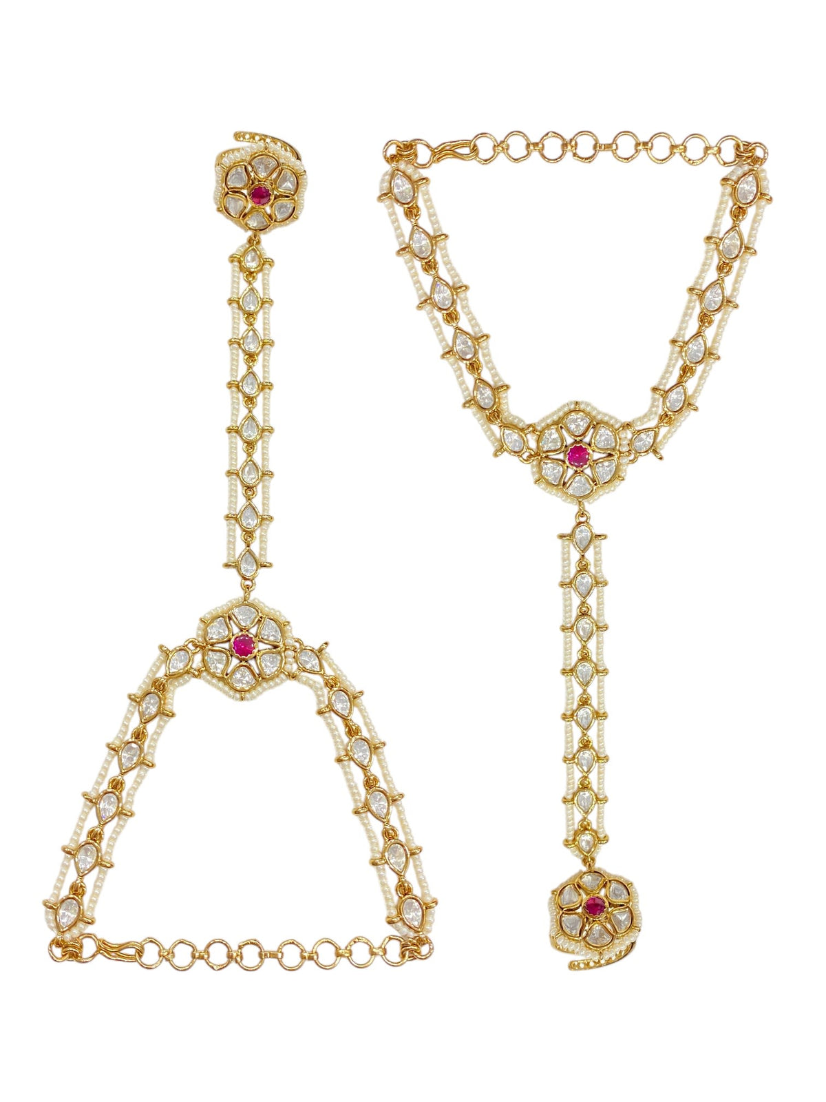 Sirini Regal Ruby Kundan Pearl Haathphool | Antique Gold Finish