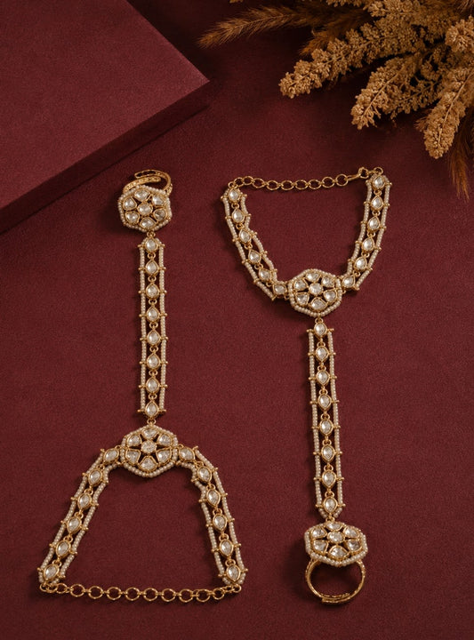Sirini Regal White Kundan Pearl Haathphool | Antique Gold Finish